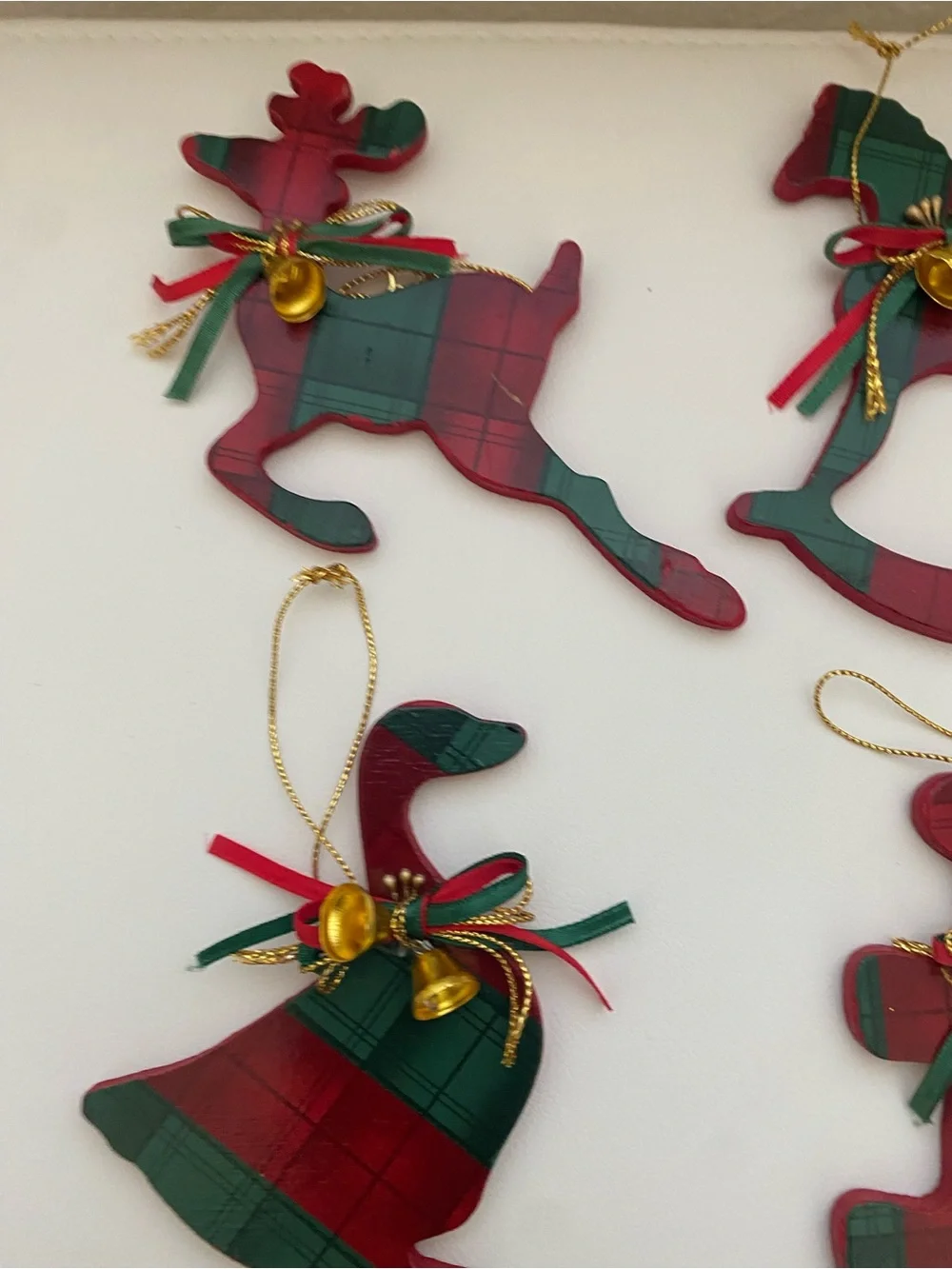 Vintage Wooden Christmas Ornaments Plaid Tartan Set of 4 Bear Reindeer Horse 4”H